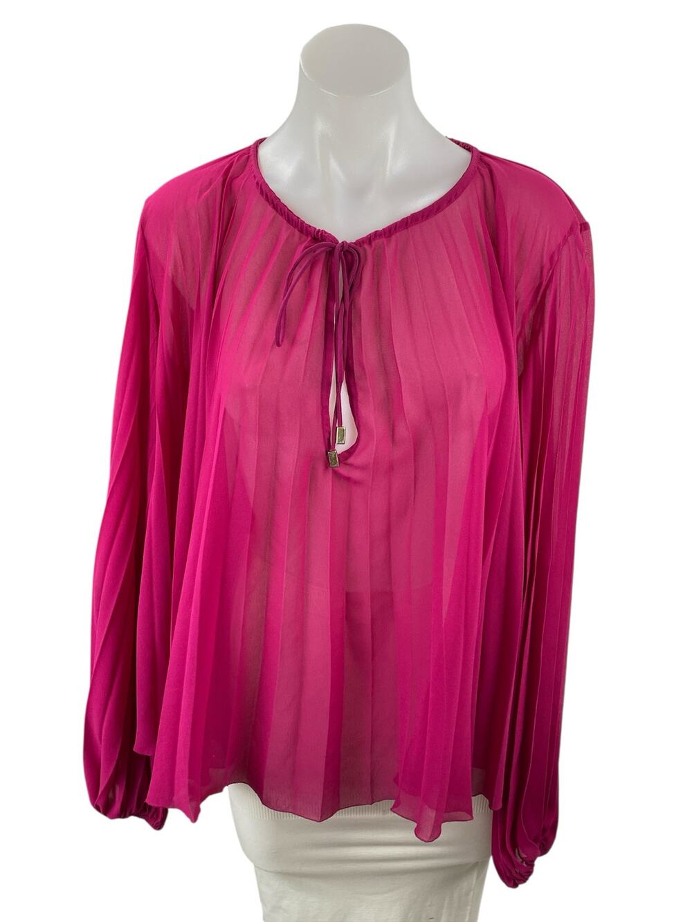 Zara Women's Pink Long Sleeve Mesh Sheer Tie Pleated Plisse Blouse Top Size S